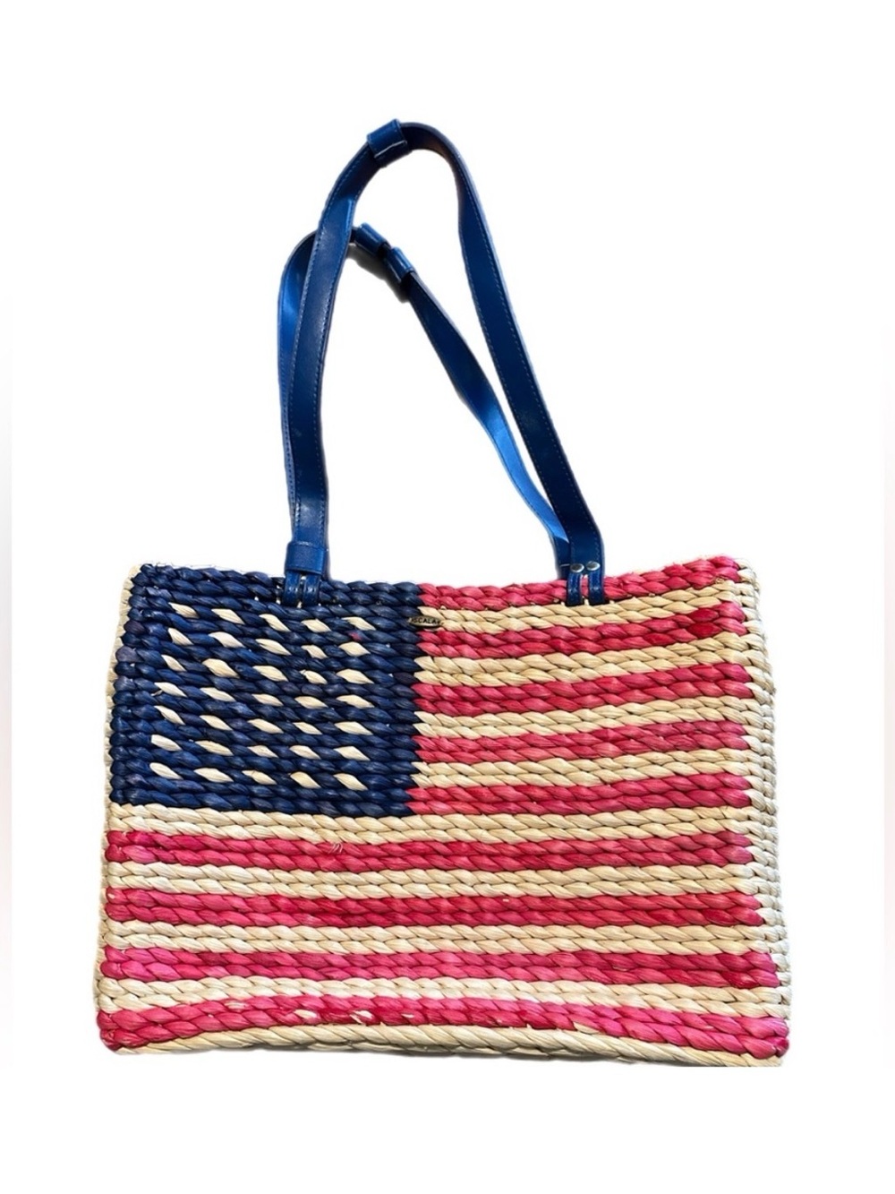 Scala Patriotic American Flag Straw Tote Bag Red White Blue 4th of July Summer